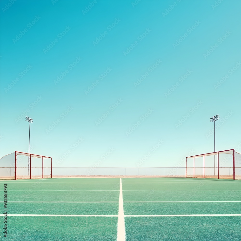 Fototapeta premium Lacrosse Field with Marked Lines and Goals for Competitive Team Play Against a Clear Sky Background
