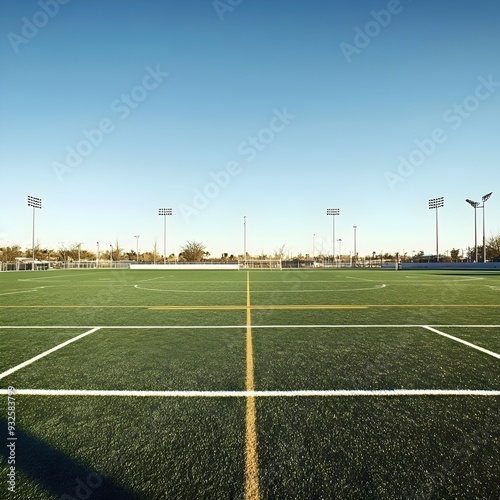 Lacrosse Field with Goals at Each End and Clearly Marked Lines for Gameplay Set Against a Clear Blue Sky with Ample Copy Space at the Bottom