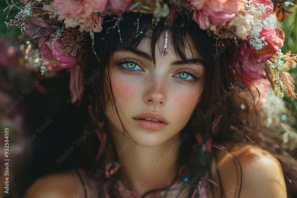 A woman with a flower crown on her head. She has green eyes and a pinkish face A woman with a flower crown on her head. She has green eyes and a pinkish face