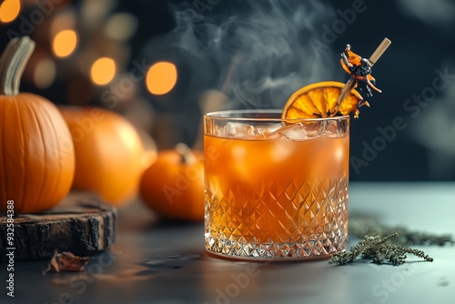 A glass of alcohol with a slice of orange on top. The glass is on a table with a few pumpkins and some leaves