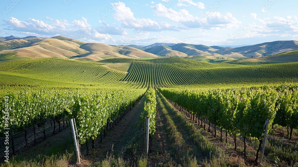 Fototapeta premium Green Vineyard Rows with Mountain Background under Blue Sky
