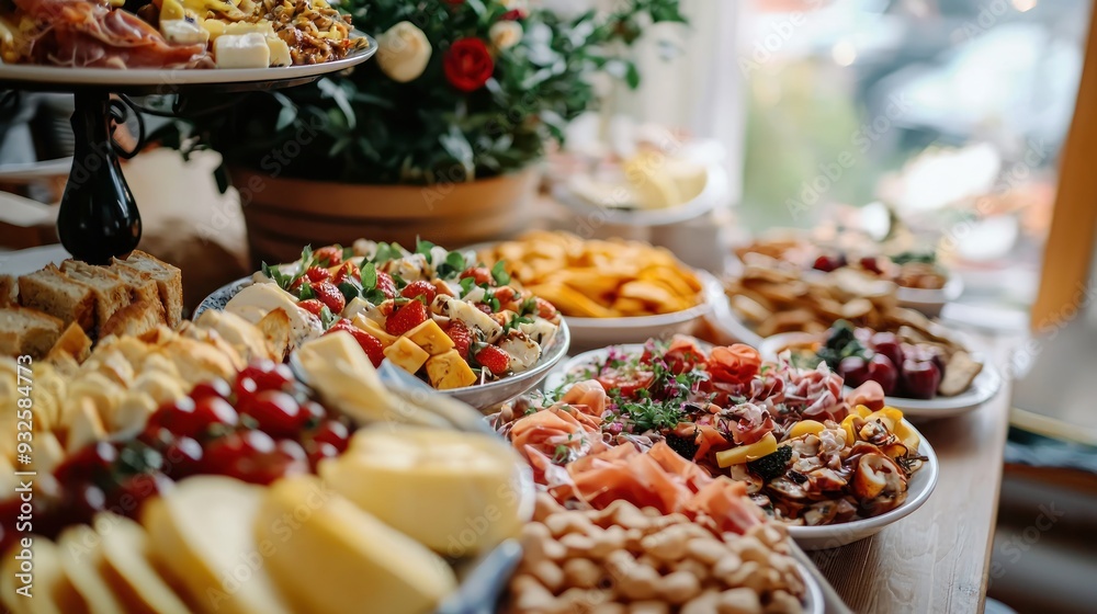 Fototapeta premium Appetizer Buffet with Cheese, Fruit, and Meat