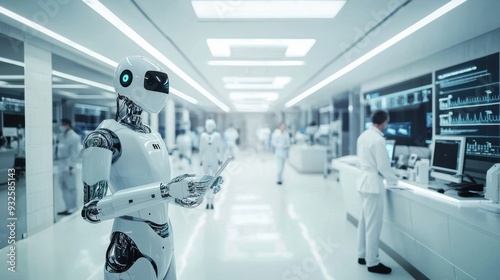 A wide shot of a modern hospital equipped with AI-driven robotic assistants, doctors and nurses move efficiently, aided by technology, as medical monitors display patient data in real-time, the scene