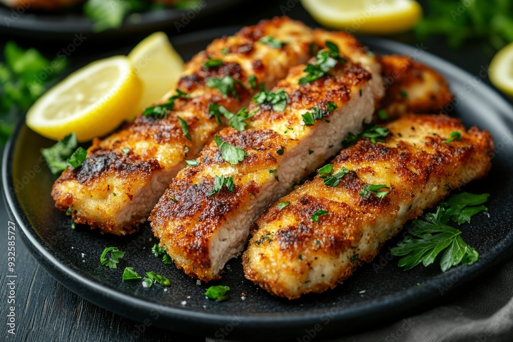 Crispy Fried Chicken Cutlets on a Black Plate with Parsley and Lemon Crispy Fried Chicken Cutlets on a Black Plate with Parsley and Lemon