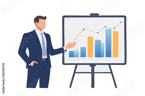 A man presenting in a meeting, showing graph on the white screen and on a. white background.