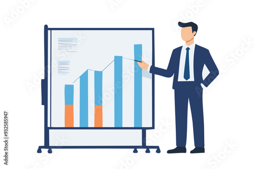 A man presenting in a meeting, showing graph on the white screen and on a. white background.