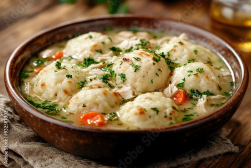 Bowl of Chicken and Dumplings with Parsley Garnish