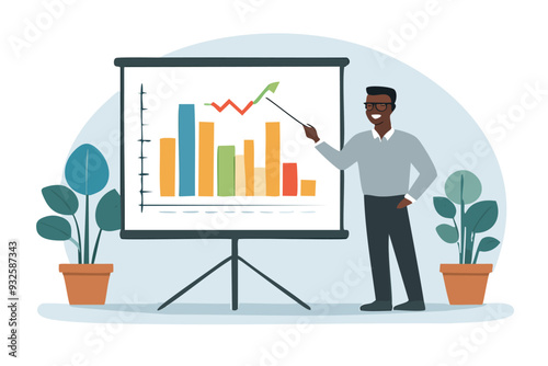 A man presenting in a meeting, showing graph on the white screen and on a. white background.