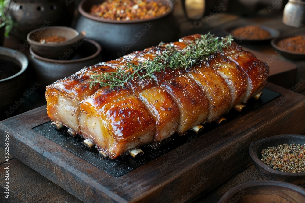 Glazed and Seasoned Pork Ribs with Thyme Garnish on Wooden Cutting Board Glazed and Seasoned Pork Ribs with Thyme Garnish on Wooden Cutting Board