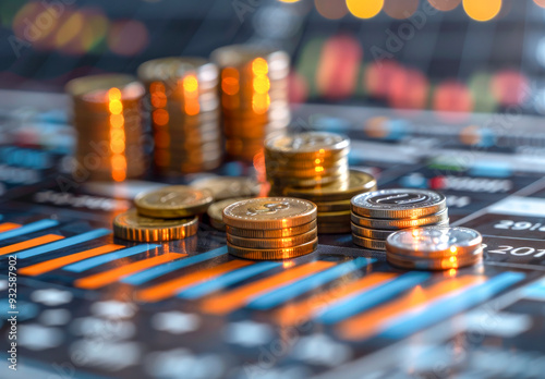 Financial Success: A close-up shot of golden coins stacked on a chart, symbolizing growth, wealth, and financial stability. The blurred background adds depth and mystique, hinting at the potential for