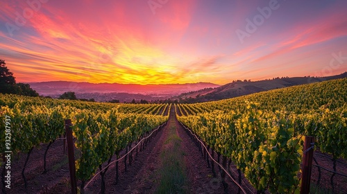 Vineyard Sunset Landscape with Colorful Sky and Mountains