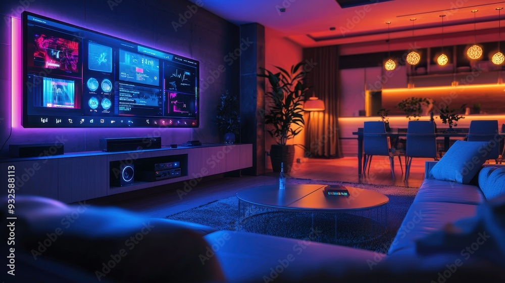 A futuristic smart home living room equipped with AI-driven technology ...