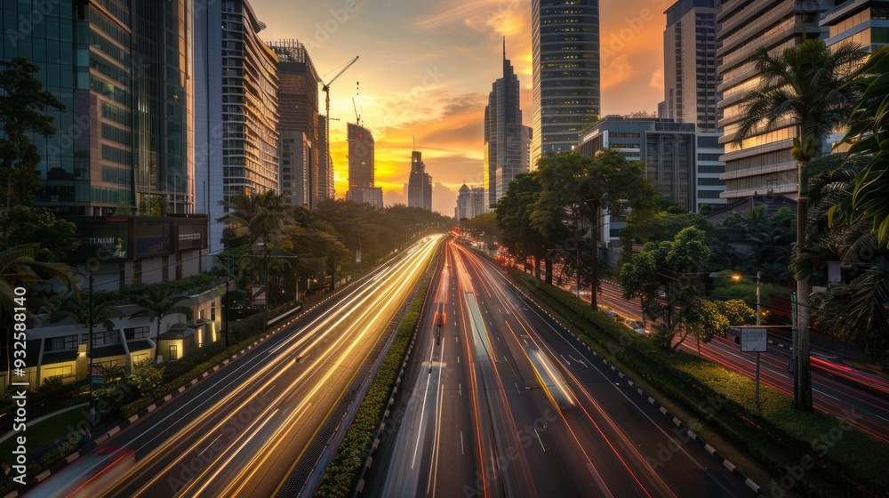 Fototapeta premium Cityscape with traffic and sunset