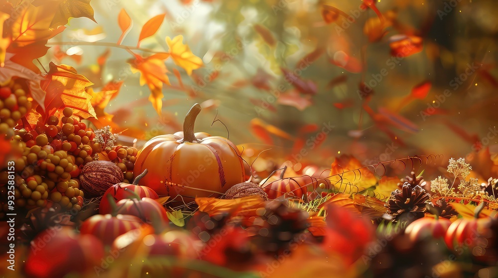 A closeup of a pumpkin, with several other pumpkins, pine cones and leaves surrounding it. The scene is bathed in warm, golden light and has a dreamlike, hazy quality. A closeup of a pumpkin, with several other pumpkins, pine cones and leaves surrounding it. The scene is bathed in warm, golden light and has a dreamlike, hazy quality.