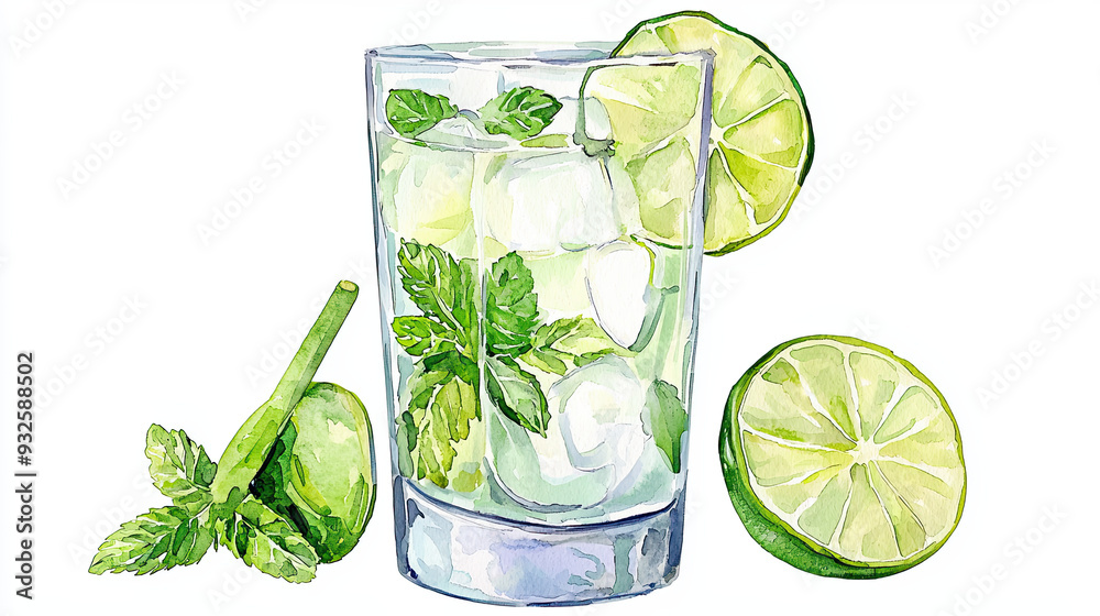 Mojito, refreshing mint leaves and lime in a tall glass, watercolor style Mojito, refreshing mint leaves and lime in a tall glass, watercolor style