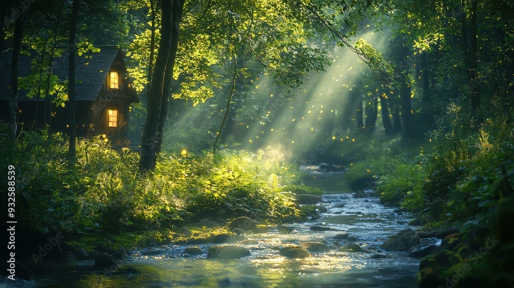 Fototapeta premium Magical Forest Cabin by the Stream with Fireflies