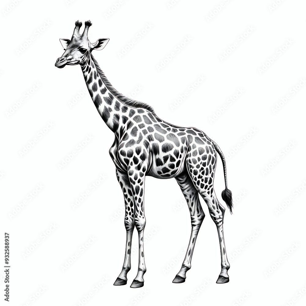 Fototapeta premium Giraffe black and white drawing on white background