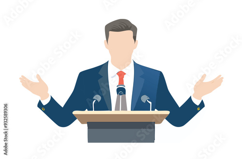 Presentation, personality and business concept. A businessman gives an interview, and public speaking at the podium. AI-Geneated. Vector.