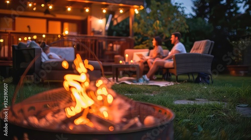 A close-up of a fire pit with a couple sitting in the background. The fire pit is filled with glowing embers, and the couple is out of focus.