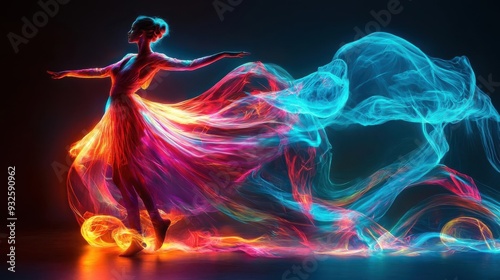 A dancer made of swirling ribbons of light and color, embodying freeflowing creative expression, Expression, Fluid representation of imagination photo