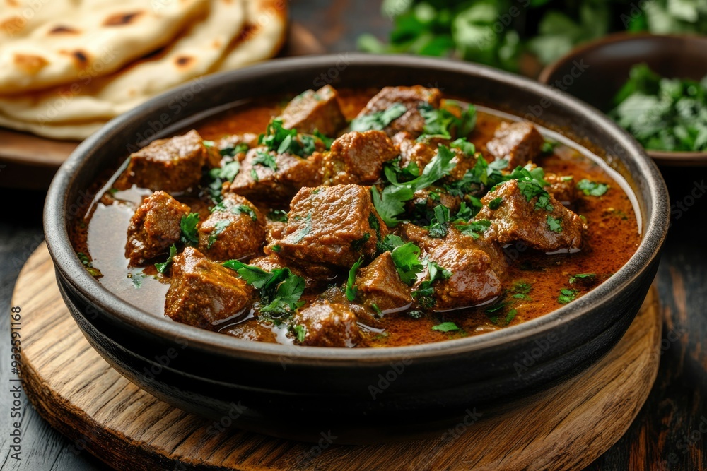 Close-up of Beef Curry with Cilantro Garnish in Bowl Close-up of Beef Curry with Cilantro Garnish in Bowl
