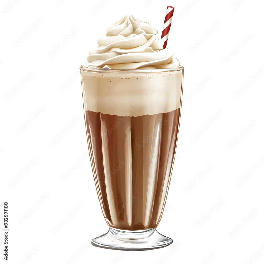 Creamy Milkshake with Whipped Cream Topped in Tall Glass on White Background Creamy Milkshake with Whipped Cream Topped in Tall Glass on White Background