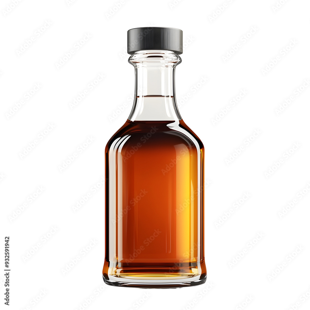 Elegant Glass Bottle with Amber Colored Liquid on White Background Elegant Glass Bottle with Amber Colored Liquid on White Background