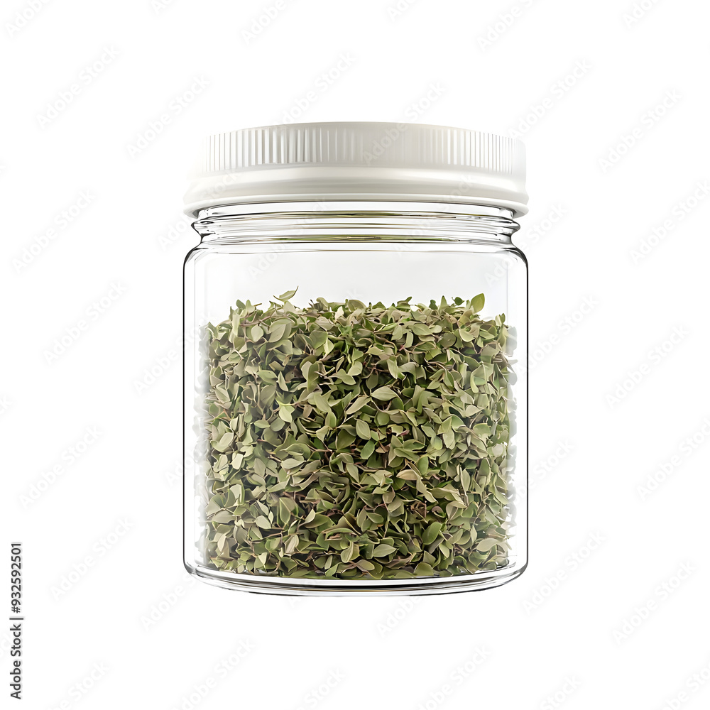 Glass Jar Filled with Dried Marjoram Leaves on White Background Glass Jar Filled with Dried Marjoram Leaves on White Background
