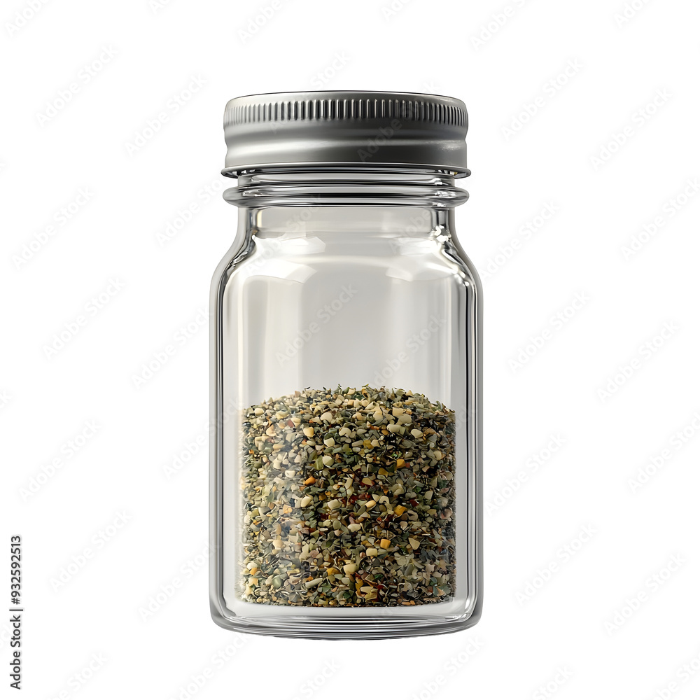Glass Jar Filled with Italian Seasoning Spices on White Background Glass Jar Filled with Italian Seasoning Spices on White Background