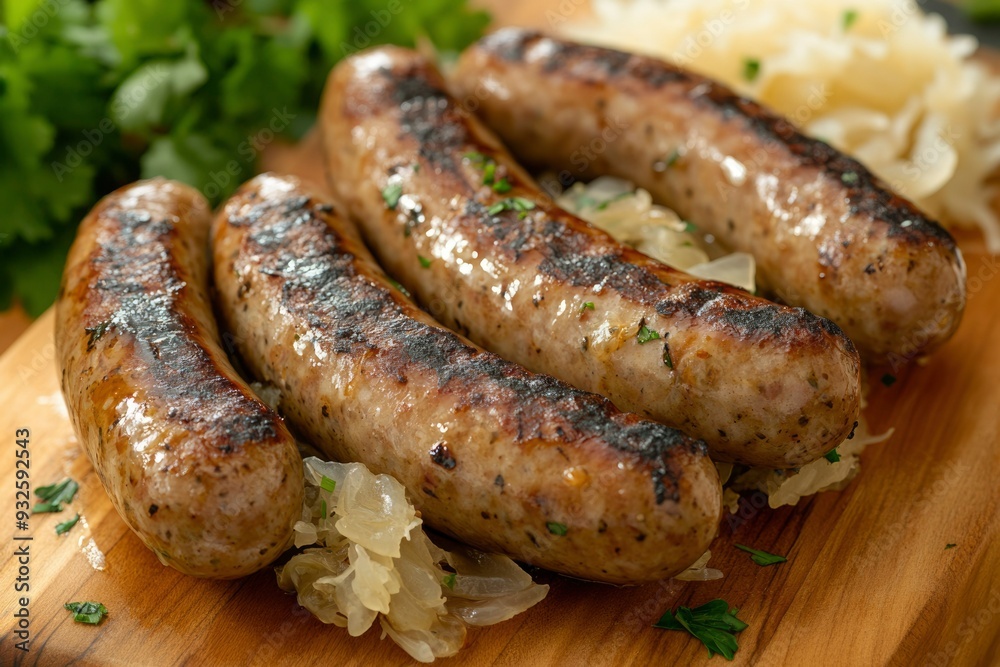 Grilled Sausages with Sauerkraut and Parsley on a Wooden Cutting Board Grilled Sausages with Sauerkraut and Parsley on a Wooden Cutting Board