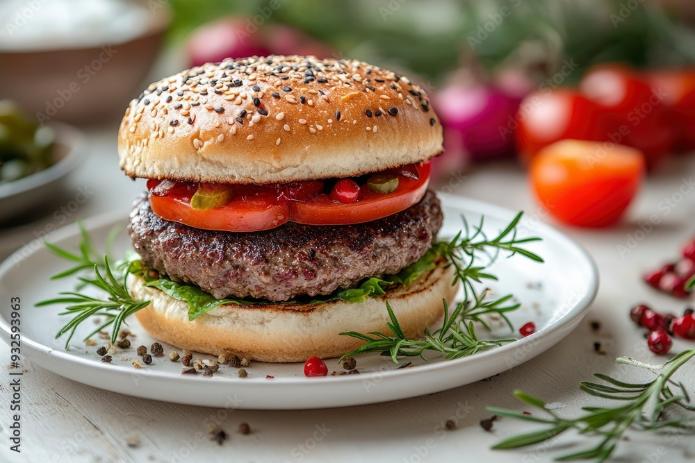 Sesame Seed Burger with Tomato, Lettuce, and Rosemary Garnish Sesame Seed Burger with Tomato, Lettuce, and Rosemary Garnish