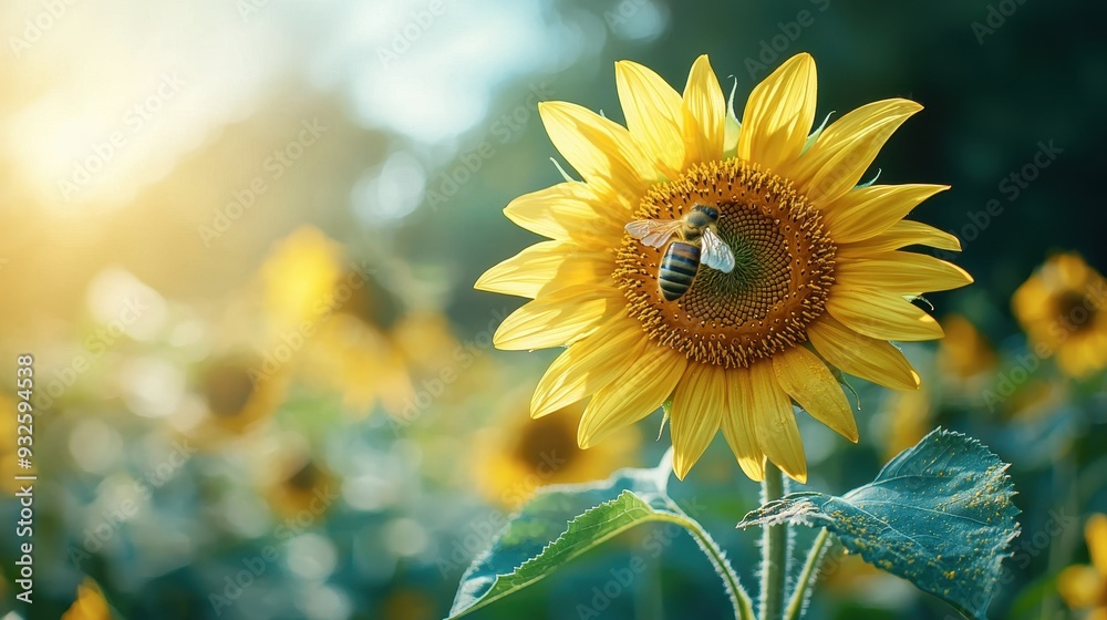 Obraz premium Bee Pollinating Sunflower in a Field