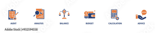 Accounting banner web icon set vector symbol illustration concept for business and finance with an icon of the audit, analysis, balance, budget, calculation, and advice symbol live stroke editable
