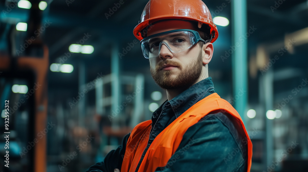 Contractor in Safety Gear and Hard Hat Working on a U.S. Manufacturing Project Contractor in Safety Gear and Hard Hat Working on a U.S. Manufacturing Project