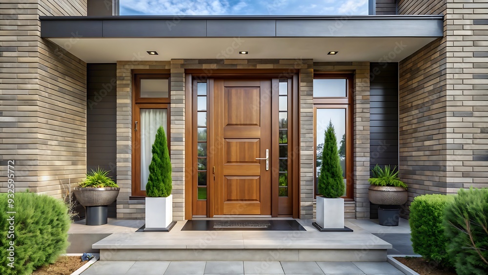 Modern Brick House Entrance with Wooden Door. Modern Brick House Entrance with Wooden Door.