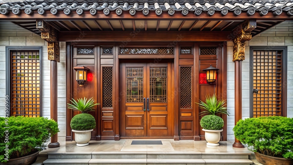 Traditional Chinese House Entrance with Wooden Doors. Traditional Chinese House Entrance with Wooden Doors.