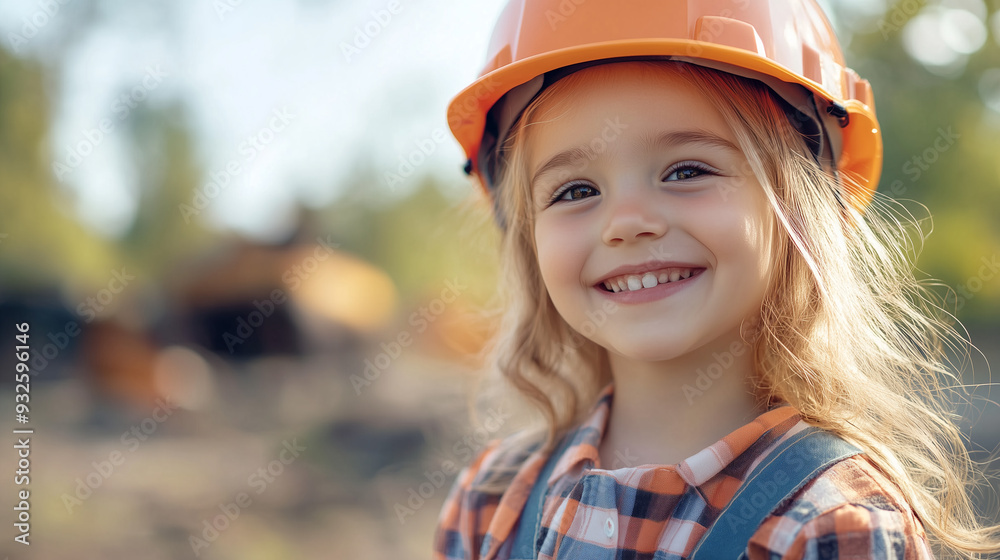 Cute Little Girl Smiling with Construction Worker Helmet on Labor Day Cute Little Girl Smiling with Construction Worker Helmet on Labor Day