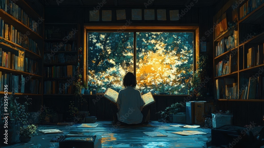 Woman Reading by Window with Bookshelves and Sunlight Woman Reading by Window with Bookshelves and Sunlight