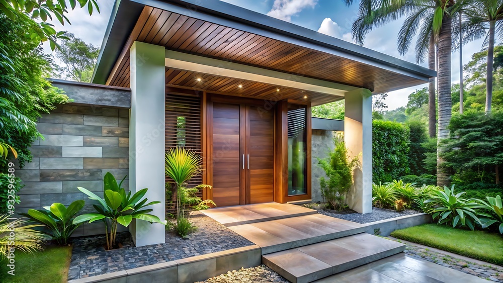 Modern Home Entrance with Stone Steps and Lush Greenery.