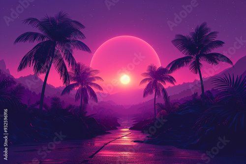 abstract technology background in 80s style sci-fi features a vibrant purple backdrop with a mesmerizing sunset and silhouetted palm trees, creating a futuristic illustration or poster template that c