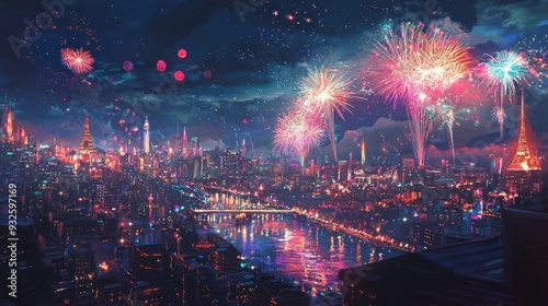 Nighttime cityscape with fireworks exploding over a river