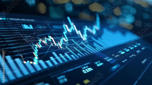 Holographic financial charts emerge from a digital surface. Illuminated graphs in cool blue tones create a futuristic visualization of market data and trends.	