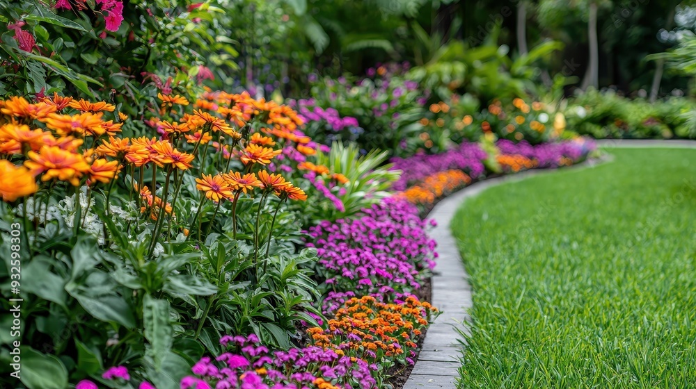 Vibrant Flower Garden Border with Grass and Stone Path Vibrant Flower Garden Border with Grass and Stone Path