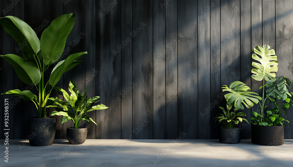 3d render illustration mock-up, dark interior with wood wall panels and plants. 3d render illustration mock-up, dark interior with wood wall panels and plants.