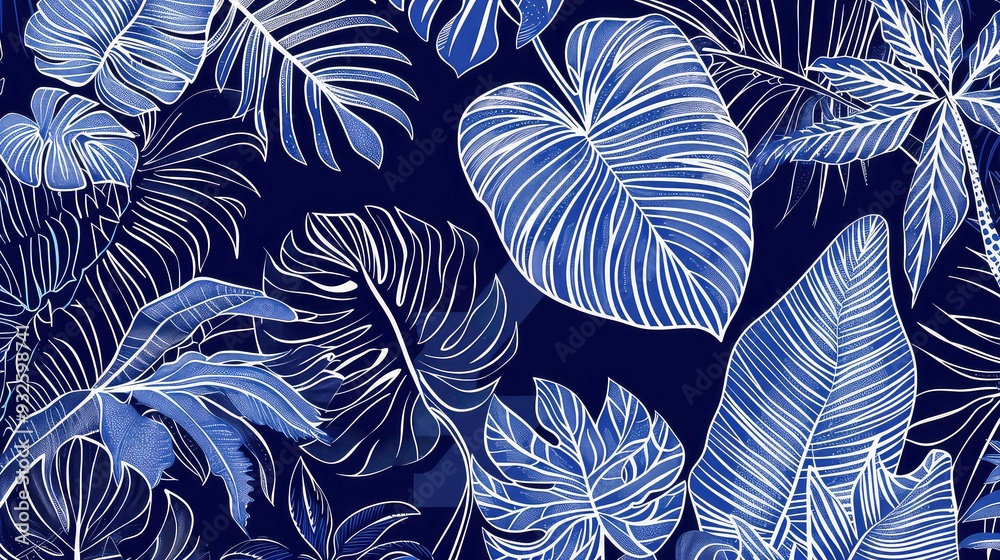 Fototapeta premium A close-up of a dark blue background with intricate white outlines of tropical leaves, creating a patterned design.
