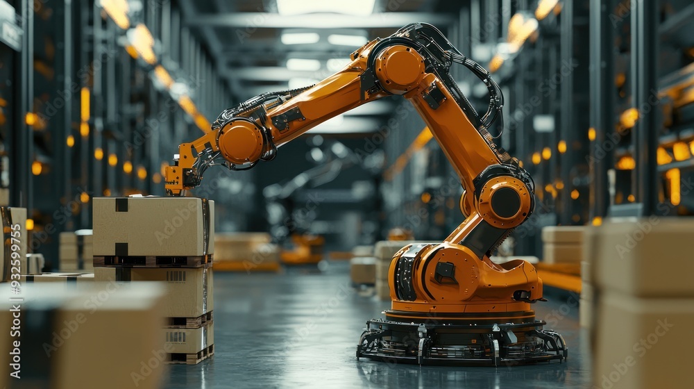 Robotic Arm Moving Cardboard Boxes in a Warehouse Robotic Arm Moving Cardboard Boxes in a Warehouse
