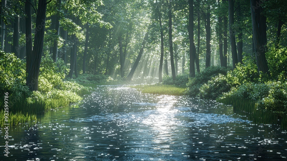 Fototapeta premium Sunbeams through Forest Canopy Reflecting on Stream