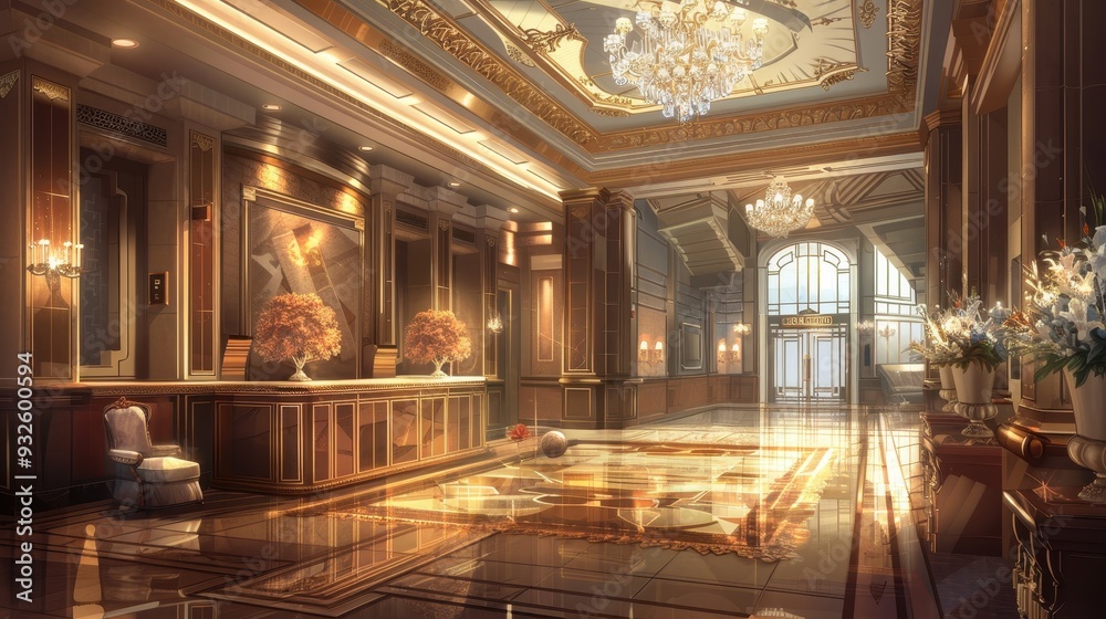 Fototapeta premium A lavish hotel lobby showcases intricate details in architecture and decor, featuring grand chandeliers and polished marble floors