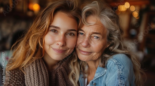 happy senior mother hugging adult daughter indoors at home mothers day or birthday celebration