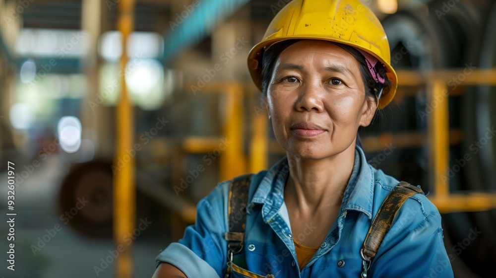 a woman in a hard hat and overalls standing in a warehouse a woman in a hard hat and overalls standing in a warehouse